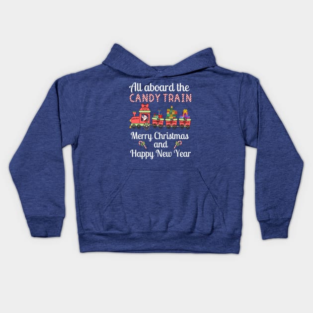 All aboard the Candy Train, Merry Christmas and Happy New Year Kids Hoodie by Blended Designs